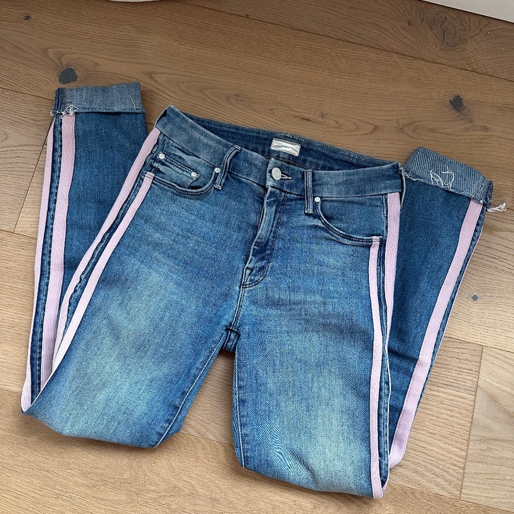Women’s Mother The Looker Ankle Fray pink stripe denim jeans 25